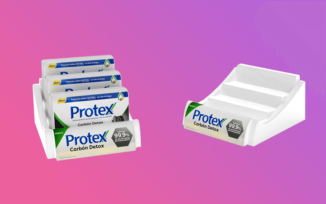 Bandeja organizadora para jabones Protex termoformada escalonadamente en poliestireno blanco con impresion en el frente de la bandeja.