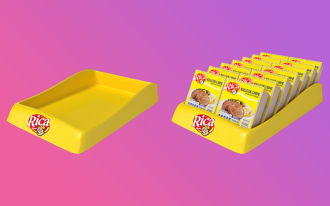 Dummie de bandeja termoformada en poliestireno amarillo con logo impreso para carnes frías