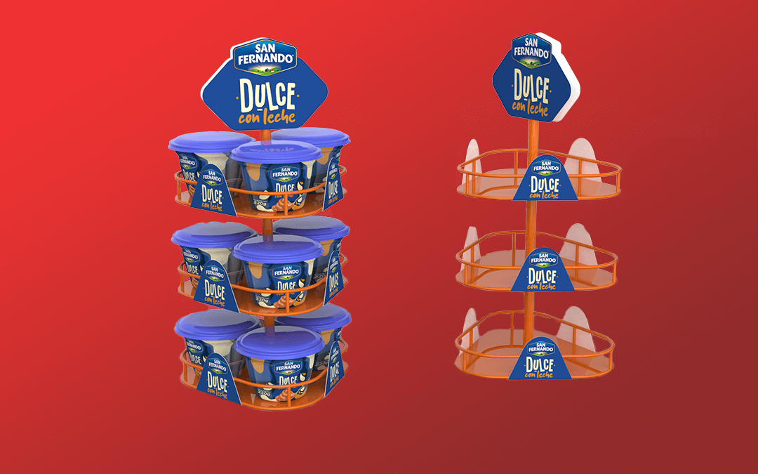 Dummie de exhibidor para arequipe con estructura de alambre, tres divisiones y publicidad en poliestireno impreso.