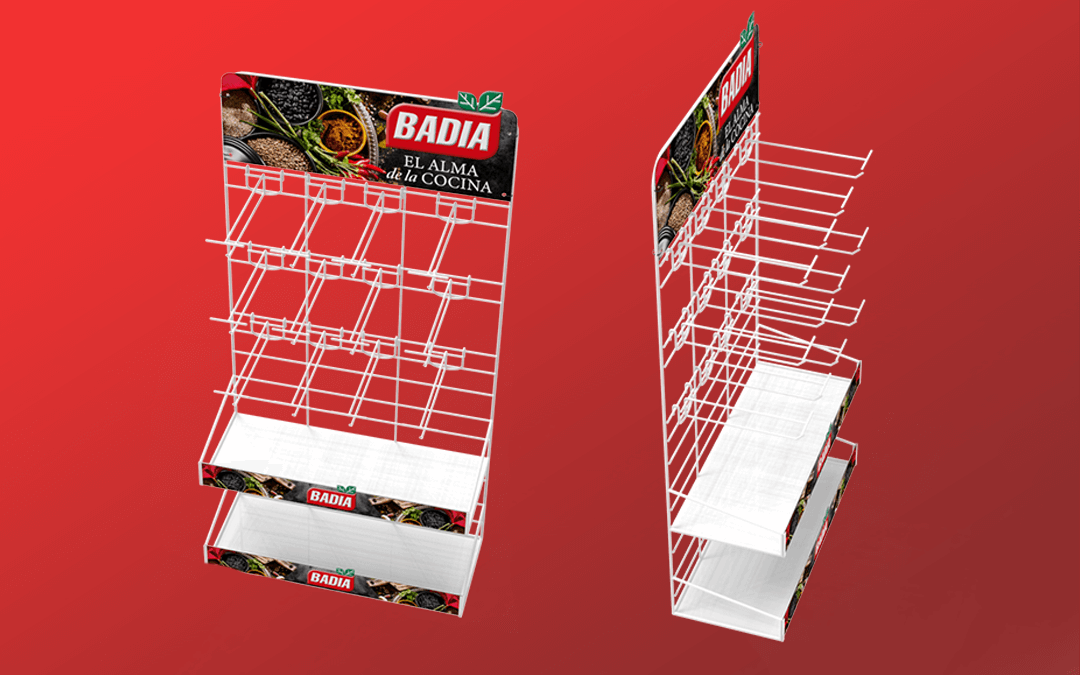 Dummie de rejilla Badia para exhibición de condimentos de cocina elaborada en alambre y con cenefas en poliestireno impreso