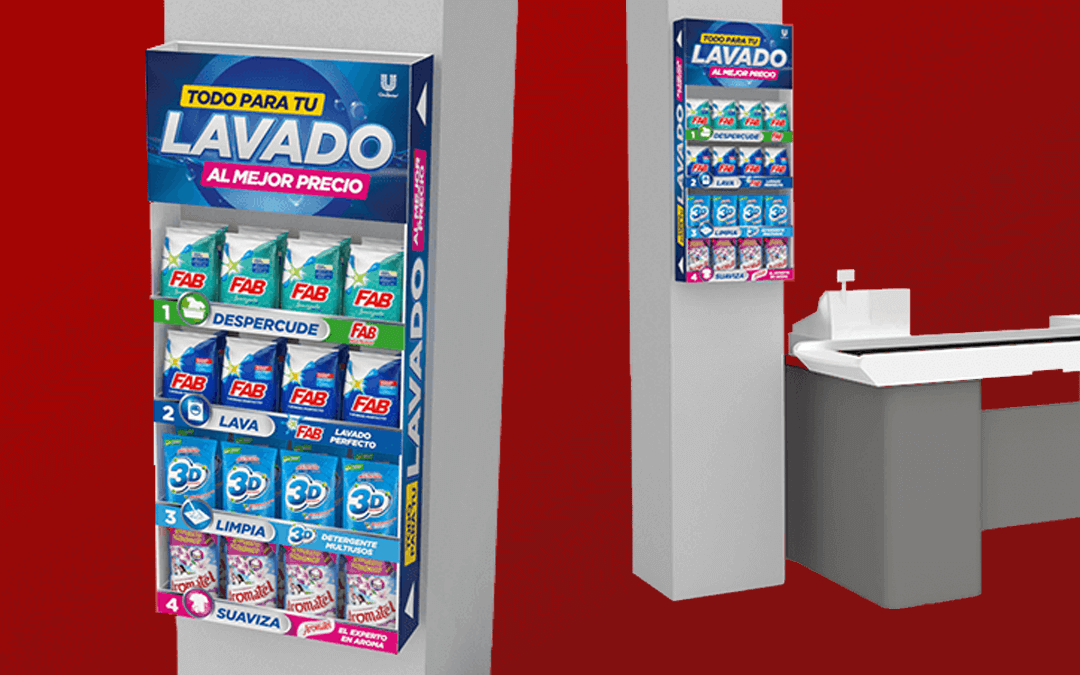 Dummie de rejilla para exhibición de productos de lavandería elaborada en alambre vestido con poliestireno impreso y con cenefas intercambiables.