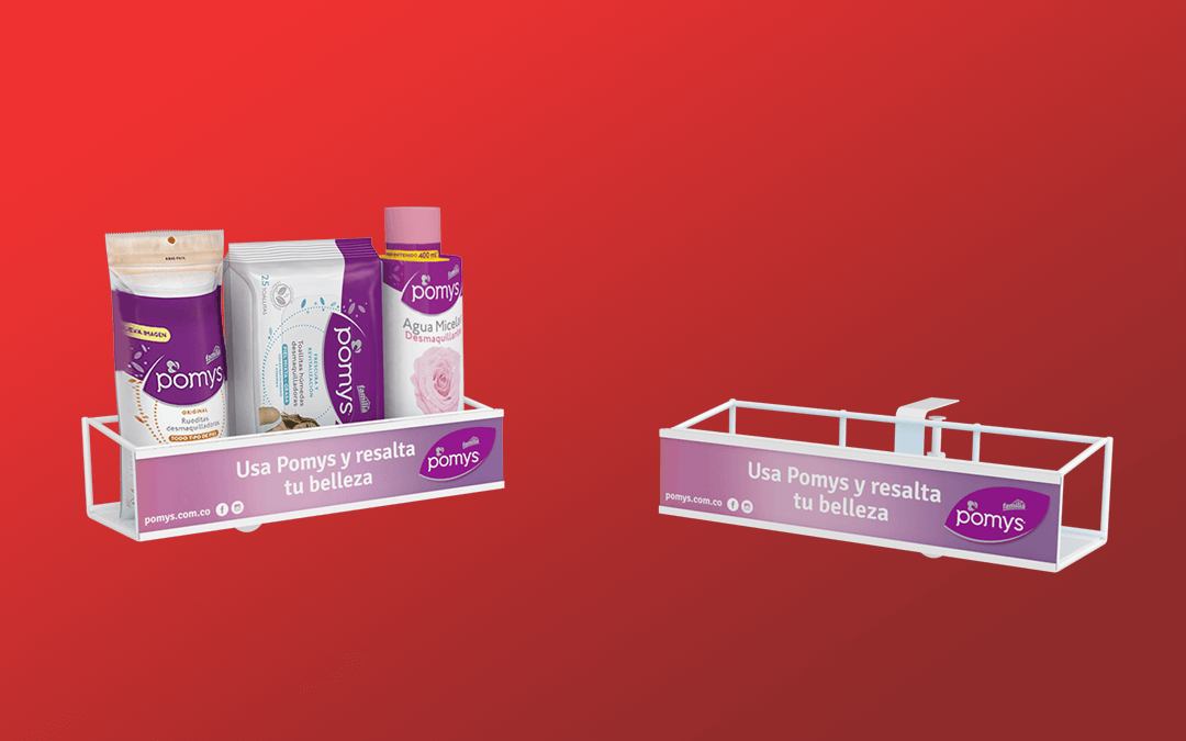 Dummie de Balconera Pommys compuesta por una estructura de alambre y una cenefa intercambiable de poliestireno.