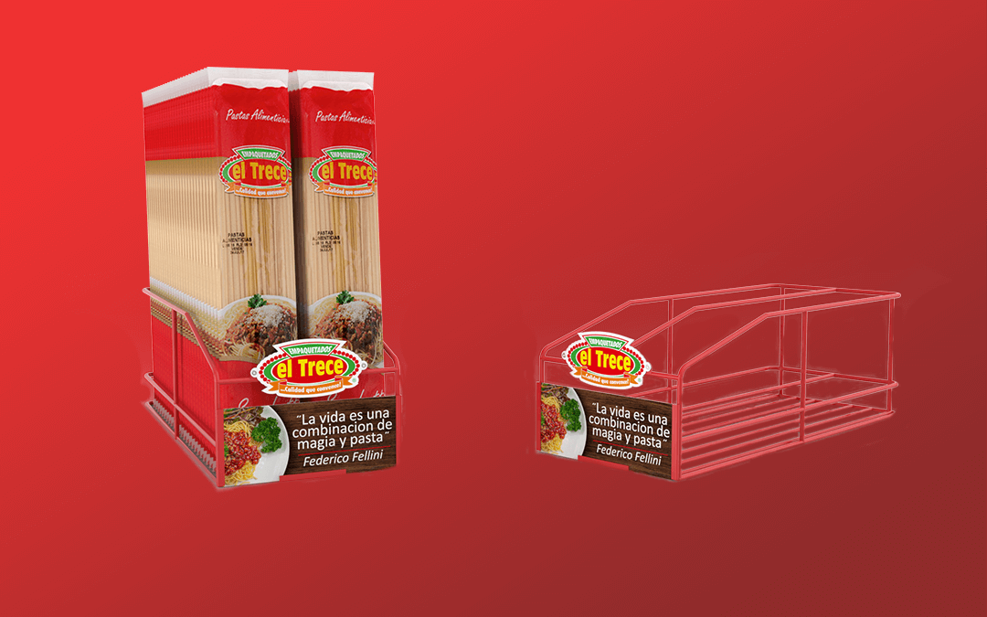 Dummie de bandeja para pasta elaborada en alambre con un separador con el fin de organizar mas fácilmente los productos y una cenefa de poliestireno intercambiable.